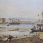 Image: A muddy riverbank and river with several sailing ships at anchor just offshore. A small group of people alight from a rowboat in the foreground