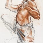 Image: A side profile drawing of a man with a bare upper body with arms and one leg up in a jumping position