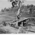 Image: Two bearded Caucasian men dressed in late nineteenth century clothing and stove-pipe hats ride on horseback near a bridge in a remote South Australian setting