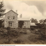 Image: a brick homestead surrounded by shrubs and gardens