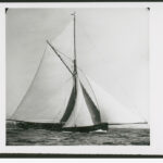 Image: A small, single-masted sailing vessel with a cutter rig under-way with a full press of canvas. A shoreline with white sandy beach is visible in the distant background