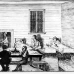 Image: A sketch of a room interior showing beds and sick people being tended to by medical practioners