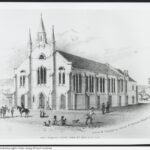 Image: pencil drawing of church with tall steeple