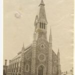 Image: view of church facade and bell tower from Flinders street