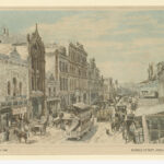 Image: a coloured lithograph of a busy city street, lined with shops and full of pedestrians and horse drawn vehicles, including a tram