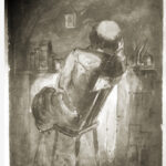 Image: Painting of the back of a man sitting on a chair at his desk. The man is balding. The painting is black and white.