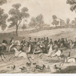 Image: This sketch depicts a rushed departure from Adelaide by expedition members. Top hatted gentlemen and soldiers on horseback can be seen galloping down a hill and round a corner. In the foreground chickens, geese, goats and dogs are running.