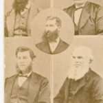 Image: A photographic collage containing the portraits of five Caucasian men in late Victorian-era attire. Four of the men are bearded, while the fifth sports a handlebar moustache. Two of the men are middle aged; the other three are younger