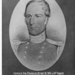 Image: Portrait of Captain Charles Sturt with text below noting his year of birth and death, and detailing some of his discoveries and achievements