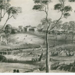 Image: a sketch of a small town on the banks of a river. There is an assortment of one and two storey buildings. The foreground features fenced roads and groups of Indigenous people.