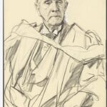 Image: Pencil sketch of the upper torso of an elderly man wearing a suit and academic robes