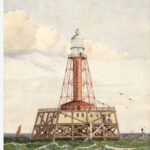 Image: A watercolour painting of a red lighthouse tower with a white lantern room. At the base of the tower is a wooden platform supported by numerous wooden piles. A man stands on the platform at far right