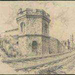 Image: a drawing of a railway track curving around a two storey, crenellated, octagonal stone tower with bars on its arched windows