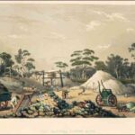 Image: A colour sketch of several men pushing wheelbarrows and sifting through sand