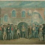 Image: a coloured sketch of a group of men in 1850s clothing gathered outside a two storey building with a large barred archway