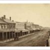 Image: a view of a city street lined with two storey commercial buildings, many of which on one side of the street have verandahs or balconies while most on the other side have flat facades. On the left, a large model of an emu stands above a verandah.