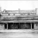 Image: A sketch of a large, two-storey wooden building with ground-floor verandah. The roof is topped with three brick chimneys