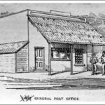 Image: A sketch of a simple rectangular wooden building with steep-roofed verandah. Two men are speaking to each other just outside the building