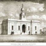 Image: A sketch of a rectangular single-storey building with a central clock tower and cupola