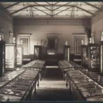 Image: sepia photograph of a museum interior with a large number of wood and glass display cases and marble busts