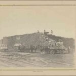 Image: men and horse drawn carts in front of a huge pile of wheat sacks