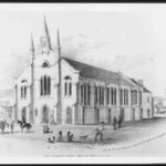 Image: a black and white sketch of a church with three spires. In front of the church are various figures including men on horseback, a woman with a basket and a small family sitting playing with their two dogs.