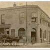 Image: A man, woman and children in 1870s dress stand on the street beside a horse drawn cart laden with straw, outside of a two storey hotel with a corner door, flat roof, arched ground floor windows and awnings over the rectangular second storey windows