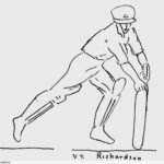 Image: A simple line drawing of a man in cricket batsman attire swinging a cricket bat