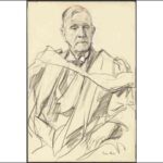 Image: Pencil sketch of the upper torso of an elderly man wearing a suit and academic robes