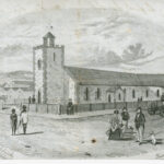 Image: black and white sketch of people gathered in pairs or small groups outside a squat stone church with a single tower which is surrounded by a wooden fence.