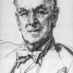 Image: A sketched head-and-shoulders portrait of a middle-aged man wearing a suit with bow tie