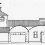 Image: simple line sketch of a building with arches and a weather vane