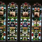 Image: Scientific window, featuring portraits of eminent scientists, Kelvin, Faraday, Wren, Dalton, Brookman Building, 2013