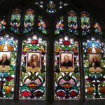 Scientific window, featuring portraits of eminent scientists, Watt, Newton, Stephenson, Bessamer, Brookman Building, 2013