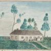 Image: a coloured painting of a small cream coloured building with two doors and a thatched roof. Outside the building a number of Aboriginal men, women and children are gathered.