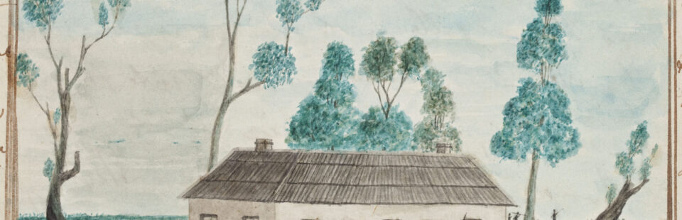 Image: a coloured painting of a small cream coloured building with two doors and a thatched roof. Outside the building a number of Aboriginal men, women and children are gathered.