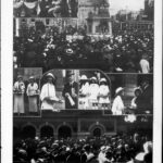 Image: crowds of people around memorial