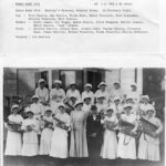 The band lined up in 3 tiers with instruments in front of a nondescript building