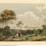 Image: illustration of landscape with two figures moving away from viewer, European man on horseback, Aboriginal man walking.