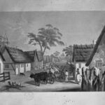 Image: A painting of a landscape scene that features a thoroughfare in a small town flanked by thatched-roofed homes. An ox-drawn cart filled with wheat is in the middle of the street