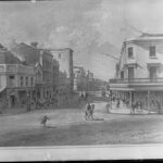 Image: black and white sketch of street scene