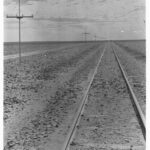 Image: Line of poles strung with wires next to railway tracks