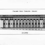 Image: An architectural illustration showing a large, rectangular building with two storeys and numerous columns in the Greek revival style