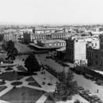 Image: view looking down on large public square criss-crossed with paths