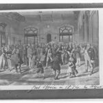 Image: A cartoon depicting a large group of men dressed in Victorian-era attire. The men are gathered in a large, open hall with tall windows