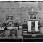 Image: A Bee-Keeping display at the Royal Adelaide Show. There are photographs, imitations of bee-hives and flowers on a table for the display.