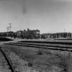 Image: A line of men and women walk away from a train towards a group of buildings in the background