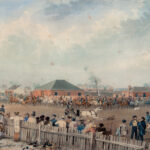 Image: watercolour painting of a group of men on horseback riding through a crowded city street