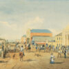 Image: a watercolour painting of a busy city street with a number of people in 1840s attire, including some Indigenous men, either walking or riding down the road. The buildings are single or double storey and are in a range of architectural styles.