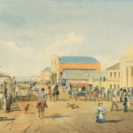 Image: watercolour painting of 19th century city street filled with people, horses and dogs